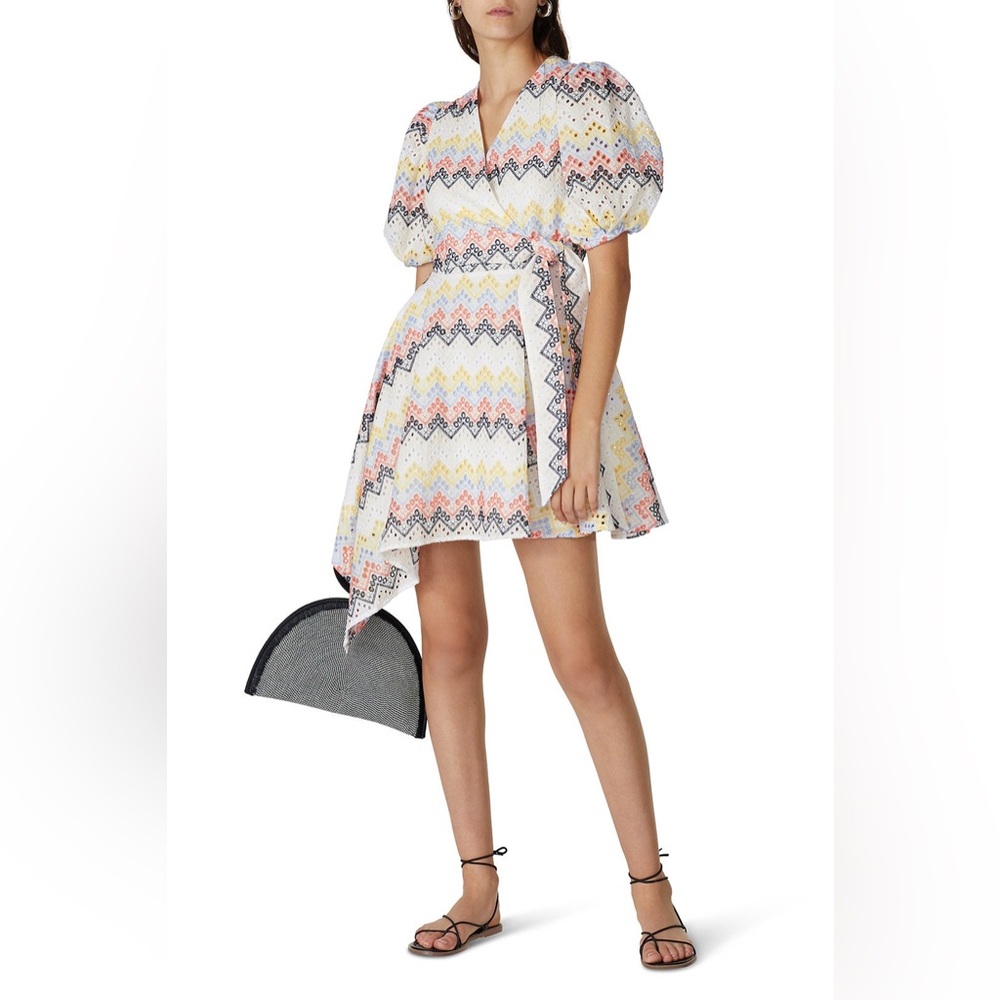 N12H Printed‎ Alice Dress Asymmetric Eyelet Zigzag Puff Sleeve Mini size medium